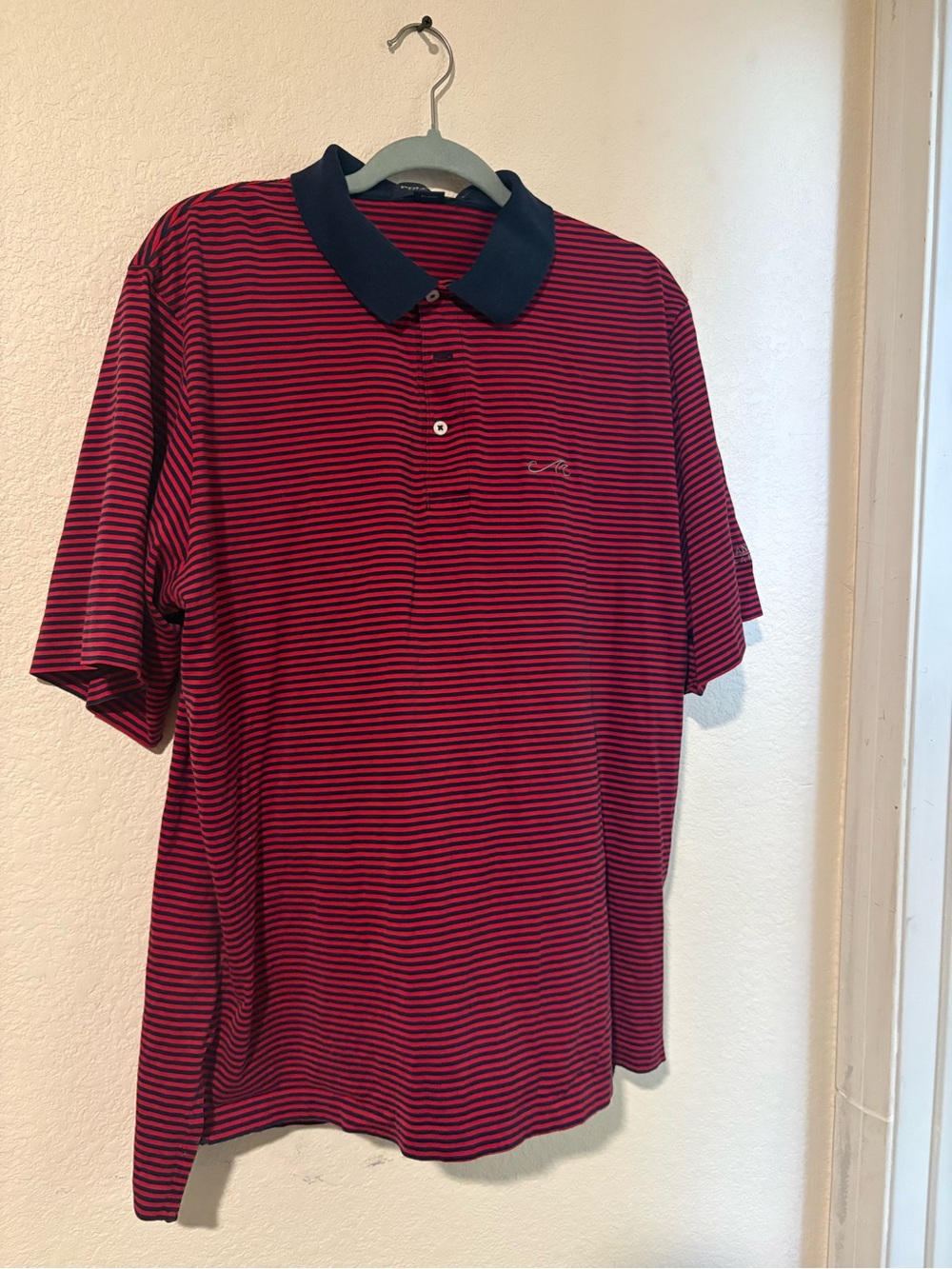Men's Red and Black Striped Polo golf Shirt with Navy Collar